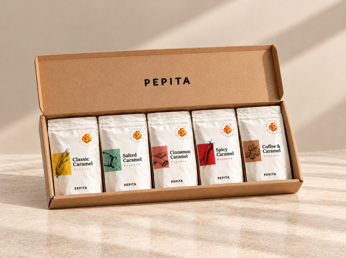 Caixa de presente Pepita com os cinco sabores de pipocas gourmet de caramelo