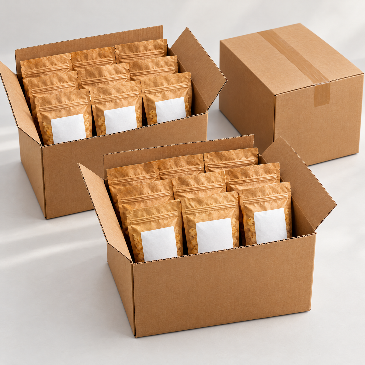 Caixas com sacos de pipocas Pepita prontas para entrega a empresas