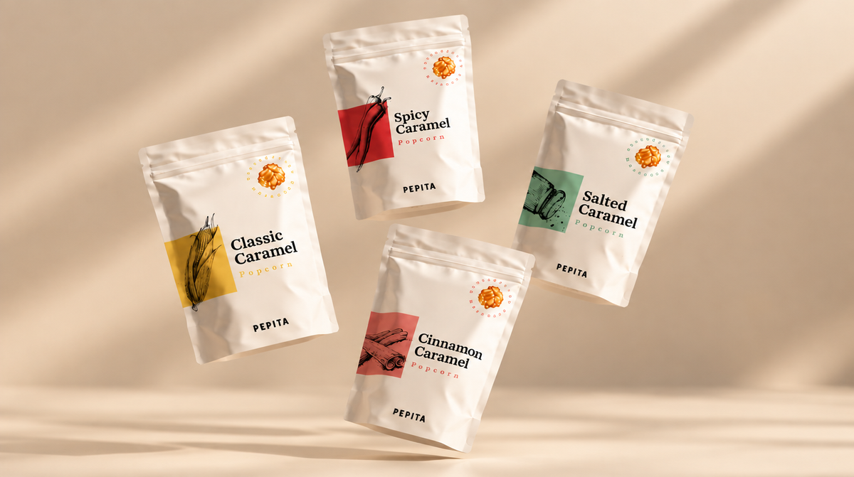 Quatro sacos de pipocas gourmet Pepita a flutuar: Classic, Salted, Cinnamon e Spicy Caramel
