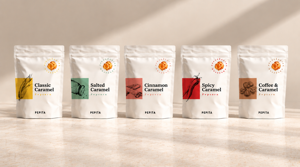 Os cinco sabores de pipocas gourmet Pepita: Classic, Salted, Cinnamon, Spicy e Coffee Caramel, presente de amigo secreto até 15 euros