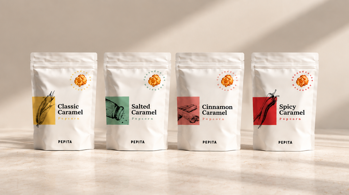 Sacos de pipocas gourmet Pepita alinhados, presentes para a equipa
