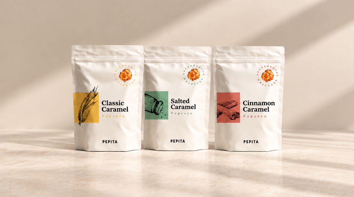 Três sacos de pipocas gourmet Pepita: Classic, Salted e Cinnamon Caramel, presente de amigo secreto até 10 euros