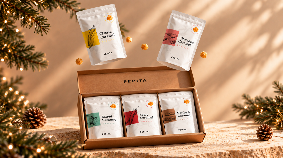 Caixa de presente Pepita com cinco sabores de pipocas gourmet, presente de Natal para clientes